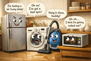 تصویر طنزآمیز و آموزشی از لوازم خانگی مانند یخچال، لباسشویی، جاروبرقی و مایکروویو در حال گفت‌وگو در آشپزخانه، مرتبط با تعمیر لوازم خانگی در تهران